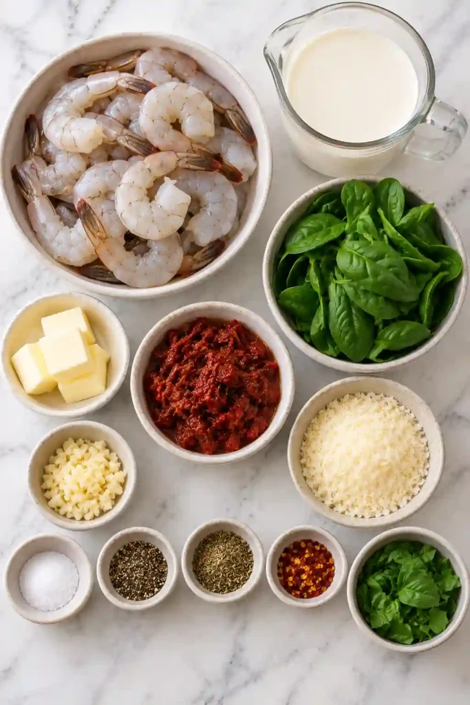 Homemade Tuscan Shrimp featuring juicy shrimp in a rich cream sauce with garlic, Parmesan cheese, spinach, and sun-dried tomatoes. A simple Italian-inspired seafood dinner prepared in one skillet.