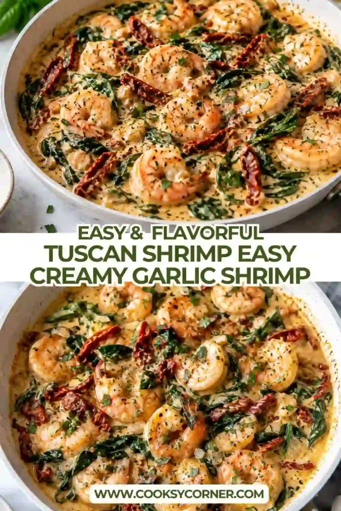 Creamy Tuscan shrimp with spinach, sun-dried tomatoes, Parmesan, and fresh herbs in a skillet. The rich garlic cream sauce coats each tender shrimp.