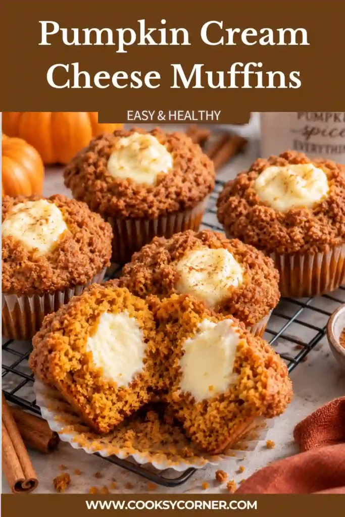 Pumpkin muffins with cream cheese filling displayed on a serving plate, showing their soft orange crumb and creamy centers. Warm cinnamon and pumpkin spices give these homemade muffins classic fall flavor.