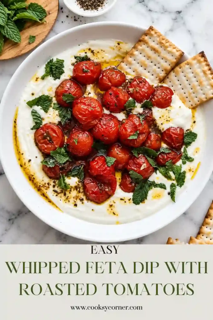 Whipped Feta Dip with Roasted Tomatoes featuring silky feta and Greek yogurt topped with tender, seasoned cherry tomatoes. Fresh herbs add color to this simple Mediterranean appetizer.