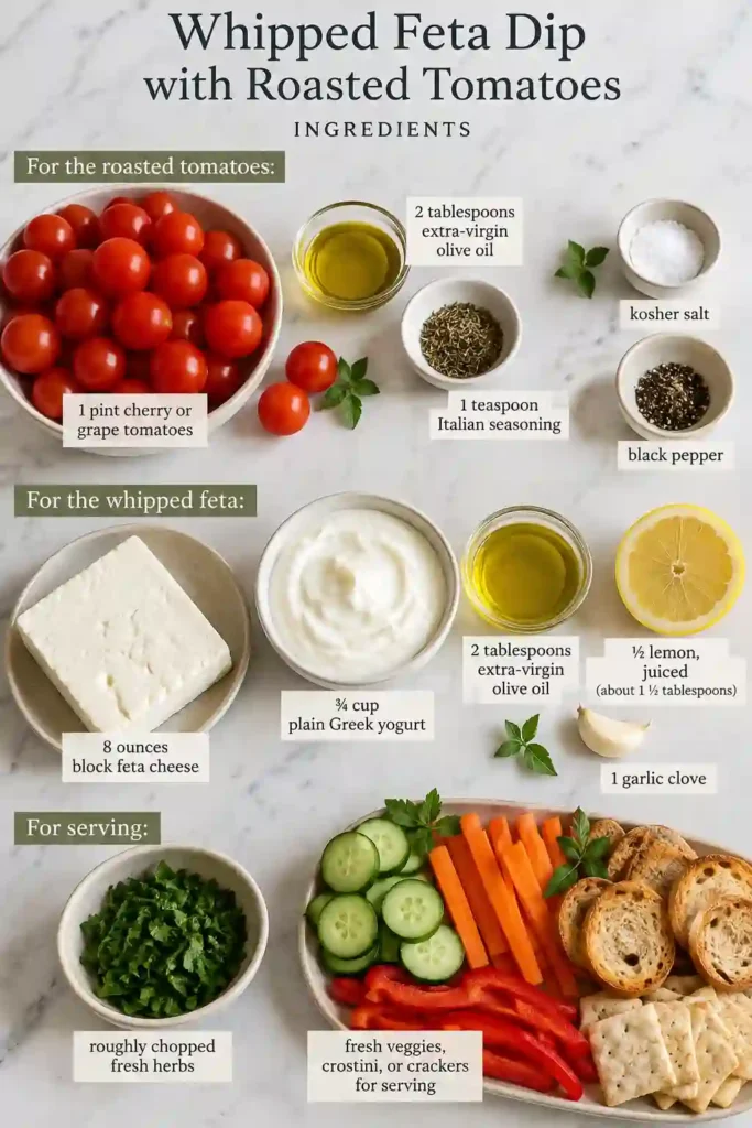 Homemade roasted tomato dip with a creamy feta cheese and Greek yogurt base. Juicy roasted tomatoes, herbs, and olive oil cover the smooth feta dip for a colorful appetizer.