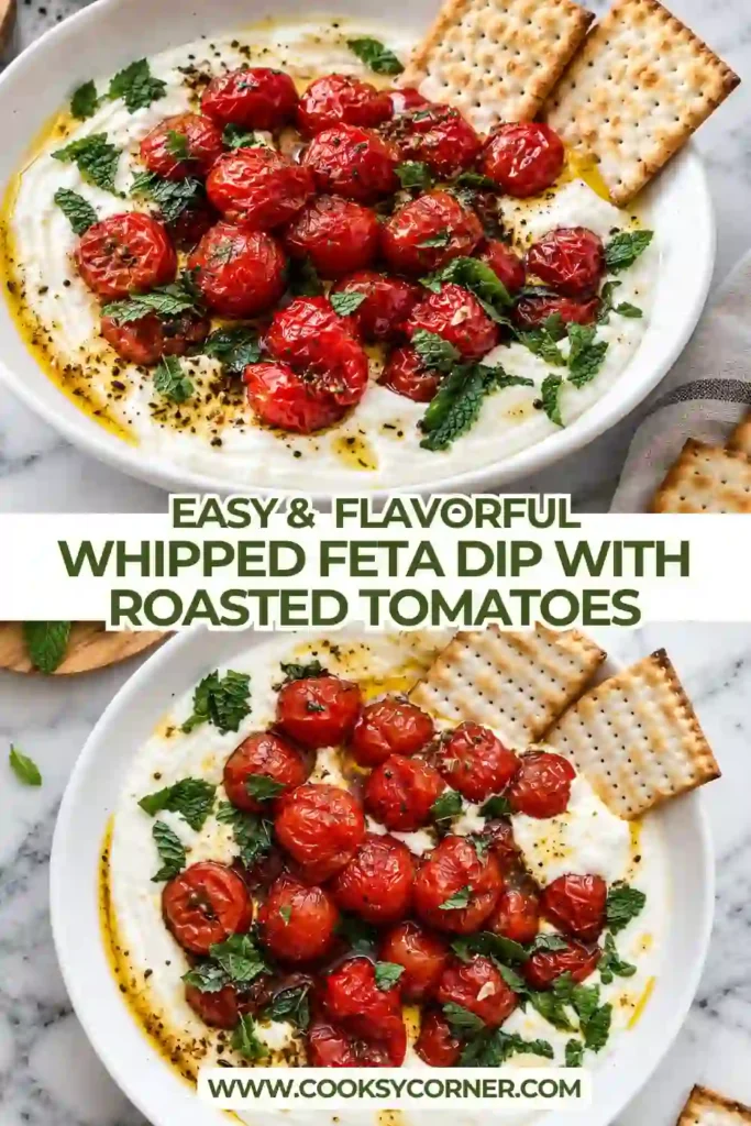 Creamy whipped feta dip topped with warm roasted cherry tomatoes, olive oil, and chopped fresh herbs. This easy feta dip combines Greek yogurt, lemon, garlic, and feta cheese.