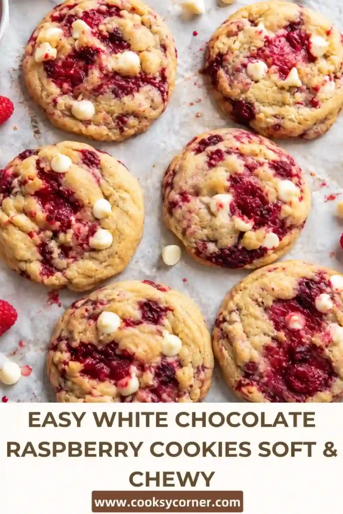 Homemade White Chocolate Raspberry Cookies arranged with fresh raspberries and white chocolate pieces. Each cookie features golden edges, melted white chocolate, and vibrant raspberry pockets.