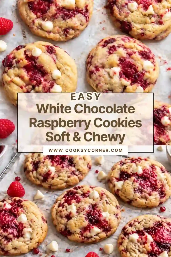 Soft raspberry white chocolate cookies filled with tart frozen raspberries and creamy white chocolate chips. The cookies have lightly browned edges and thick, chewy centers.