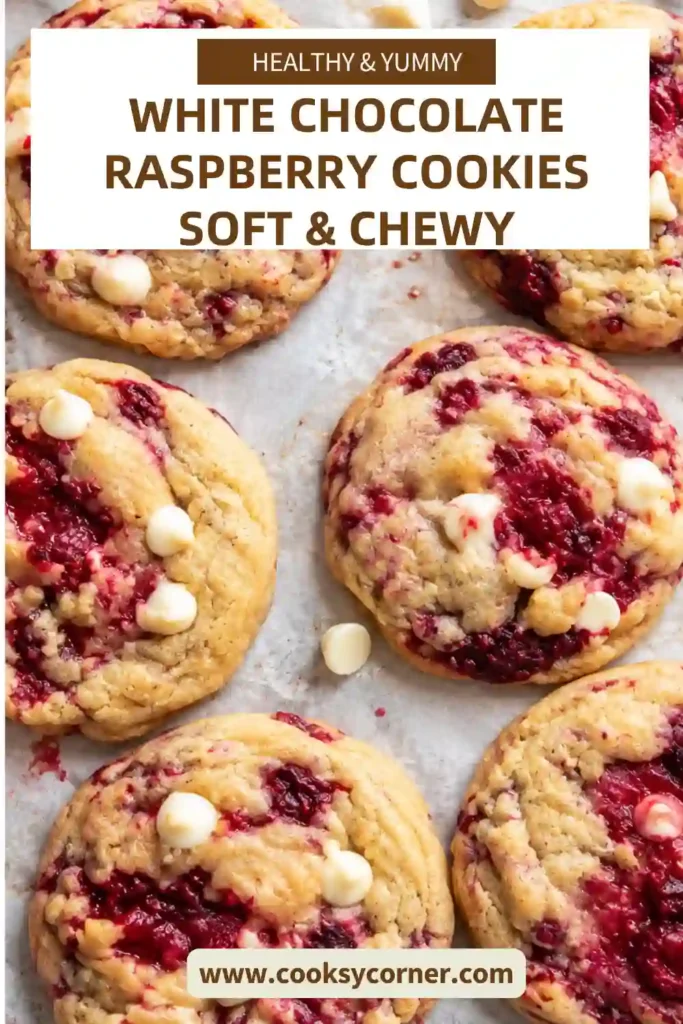 White Chocolate Raspberry Cookies with soft centers, golden edges, creamy white chocolate chips, and bright raspberry pieces. The freshly baked cookies show colorful pink berry swirls throughout the buttery dough.