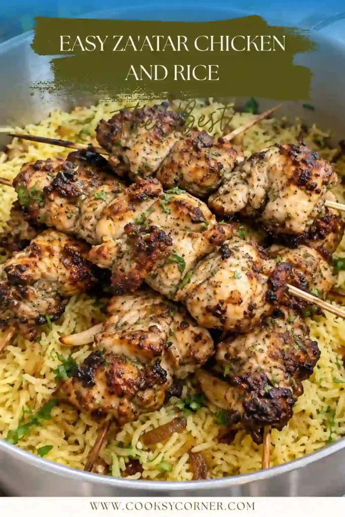 Middle Eastern-inspired Za'atar Chicken and Rice with juicy marinated chicken, aromatic basmati rice, and fresh herbs. Garlic yogurt sauce is served alongside the chicken and rice.