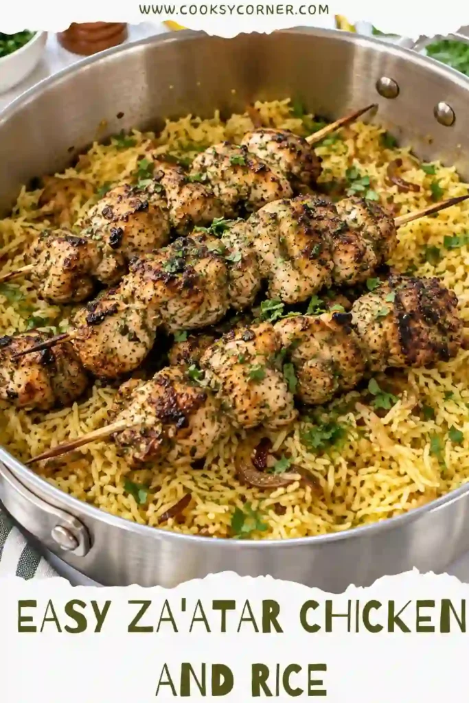 Air fryer zaatar chicken served over golden basmati rice pilaf seasoned with turmeric, onion, garlic, and herbs. The dish is paired with creamy garlic yogurt sauce.