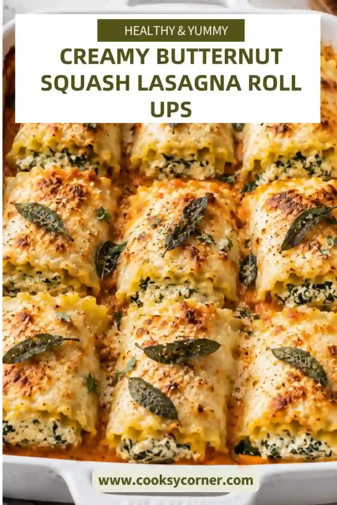 Individual ricotta lasagna roll ups filled with mashed butternut squash, Parmesan, and fresh sage. Creamy sage béchamel surrounds the pasta rolls beneath a layer of melted cheese.
