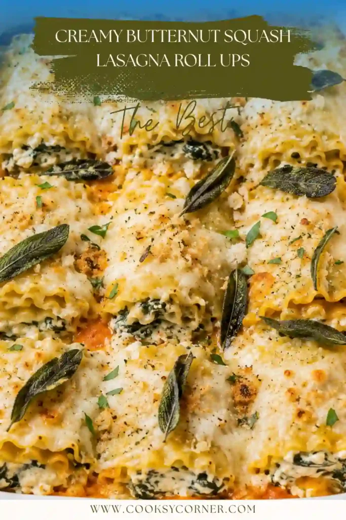 Butternut Squash Lasagna Roll Ups filled with creamy ricotta and squash and topped with golden melted mozzarella. Fresh sage adds color and savory fall flavor to the baked pasta.