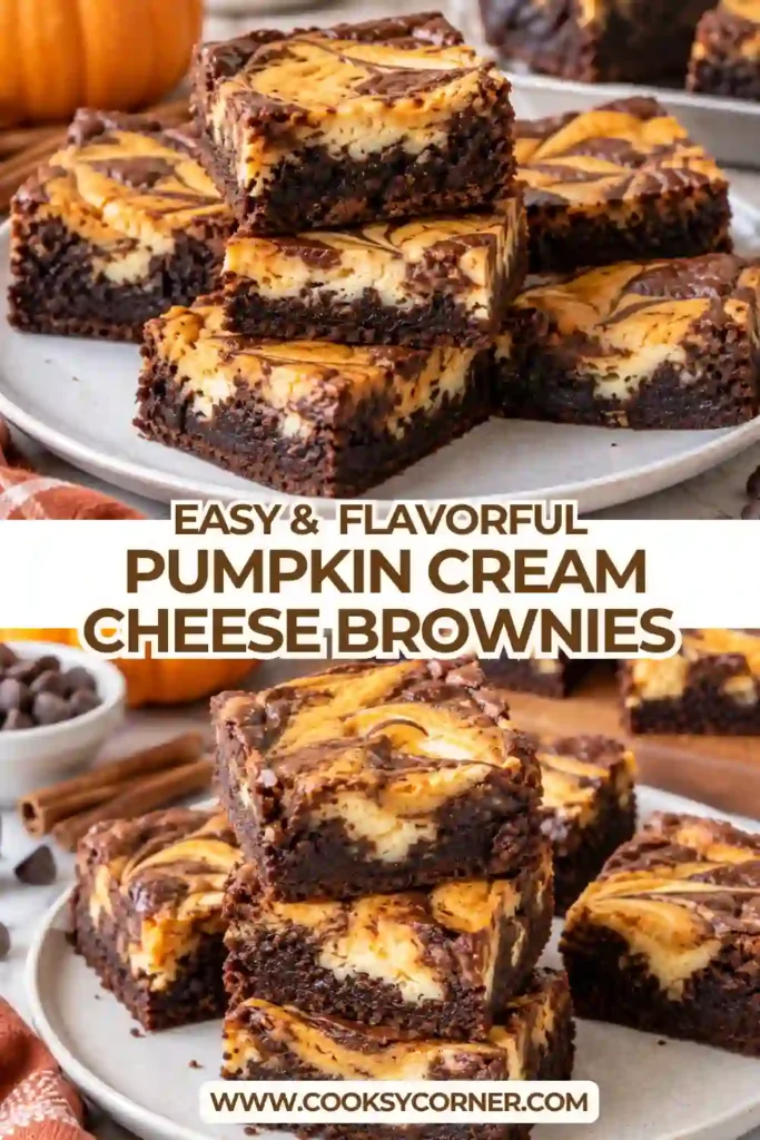 Fudgy pumpkin brownies with dark chocolate layers, pumpkin cream cheese filling, and smooth chocolate ganache. The contrasting layers create a rich and creamy seasonal dessert.