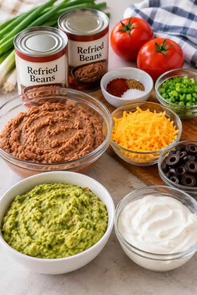 Colorful 7 layer taco dip in a casserole dish with seasoned refried beans and creamy guacamole layers. Fresh tomatoes, cheddar cheese, olives, and green onions cover the top.