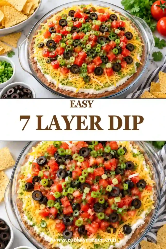 Easy 7 layer dip topped with diced tomatoes, sliced black olives, cheddar cheese, and fresh green onions. Creamy guacamole, sour cream, and seasoned beans create distinct layers underneath.