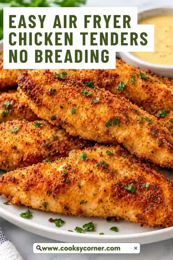 Crispy air fryer chicken tenders served warm with fresh parsley and dipping sauce. The chicken is seasoned and browned without flour or breadcrumbs.