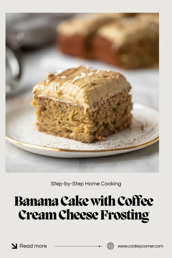 A thick slice of moist banana cake topped with fluffy espresso cream cheese frosting. The close-up reveals a soft banana crumb beneath a smooth layer of coffee-flavored frosting.