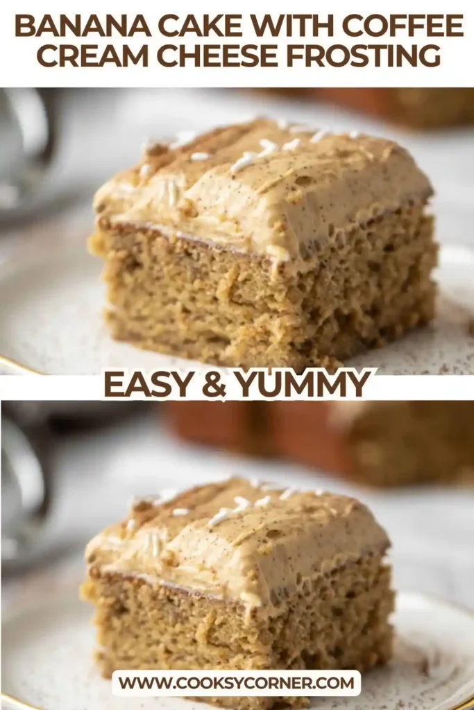 A square slice of banana sheet cake with coffee cream cheese frosting served on a dessert plate. The golden banana cake is topped with a generous layer of smooth, creamy espresso frosting.