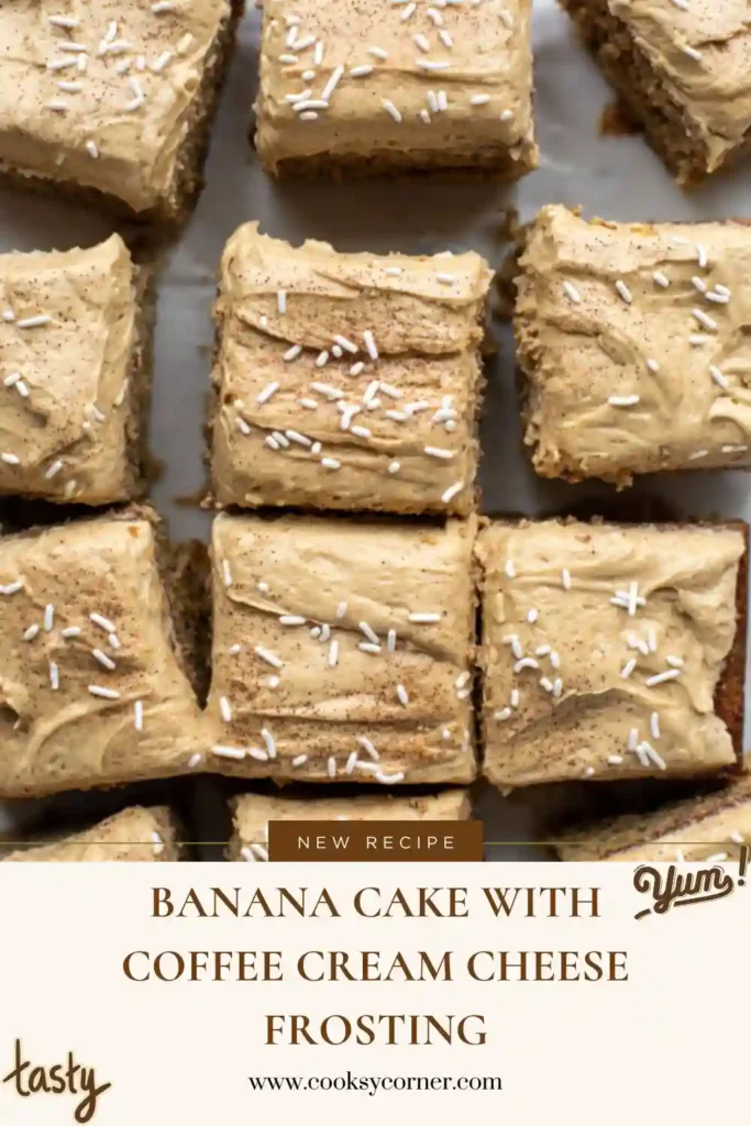 A close-up of creamy coffee cream cheese frosting spread over a moist banana cake. Smooth espresso frosting swirls cover the tender banana sheet cake.