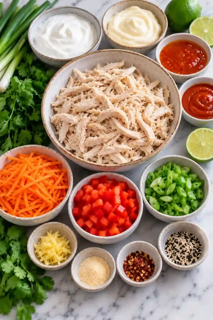 Fresh Bang Bang Chicken Salad served in a bowl with colorful vegetables, shredded chicken, cilantro, and sesame seeds. A creamy sweet and spicy dressing coats every bite.