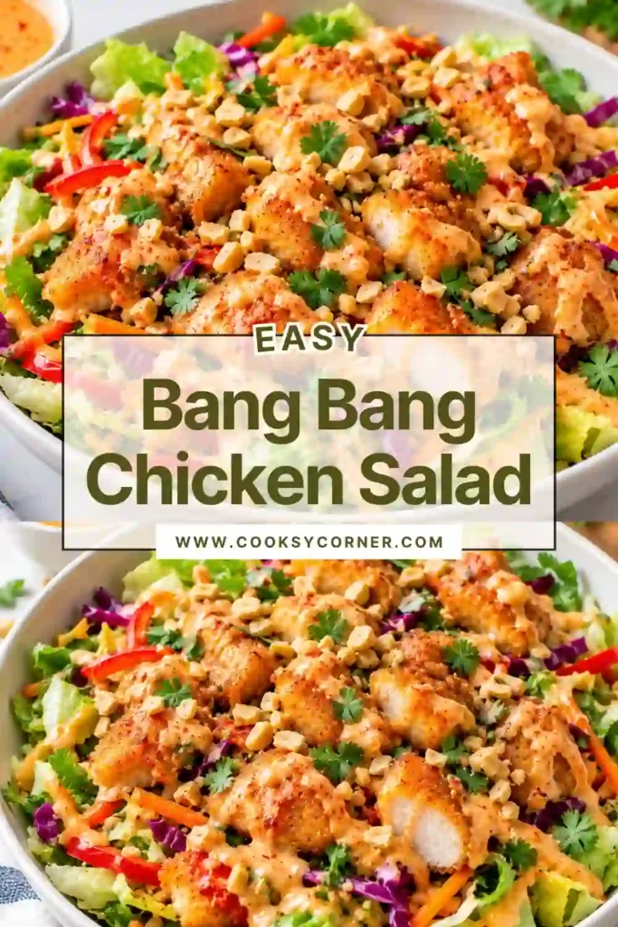 Creamy Bang Bang Chicken Salad filled with tender chicken and crunchy vegetables in a sweet chili Sriracha dressing. Fresh scallions, cilantro, and sesame seeds garnish the colorful salad.