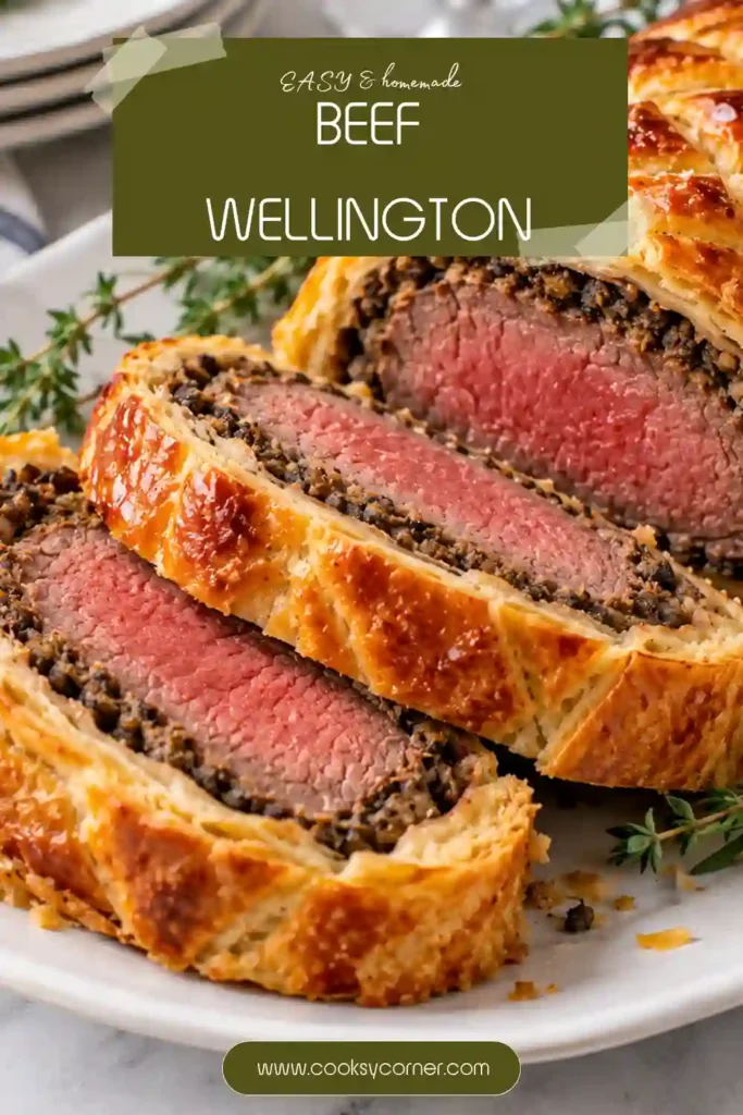 Homemade Beef Wellington sliced into thick portions with tender beef, mushroom filling, and crisp golden pastry. Fresh herbs and savory beef sauce complete the elegant presentation.