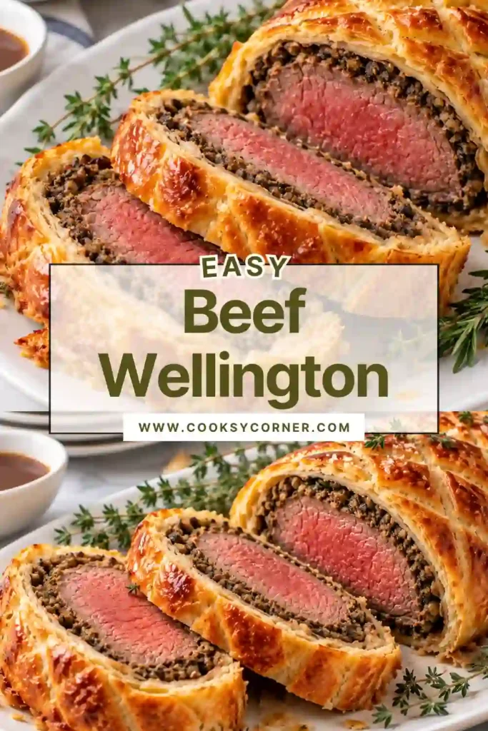 Classic Beef Wellington with a golden flaky puff pastry crust and juicy beef tenderloin center. A savory mushroom layer surrounds the beef beneath the crisp pastry.