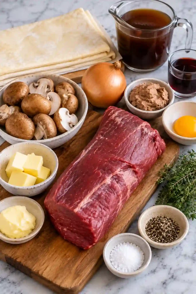 Puff pastry Beef Wellington baked until deeply golden and sliced to reveal the tender beef center. The flaky pastry surrounds layers of savory mushrooms and halal-friendly pâté.