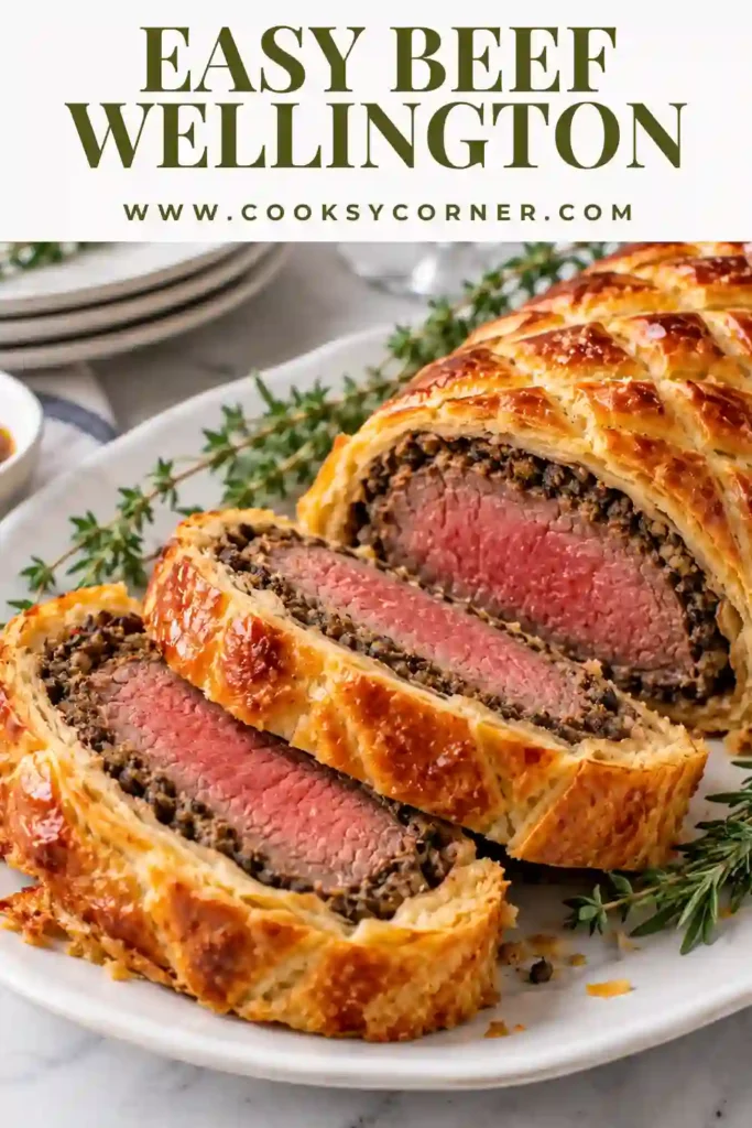 Beef Wellington sliced to reveal tender beef tenderloin surrounded by savory mushroom filling and golden puff pastry. The elegant baked beef centerpiece is served with a rich alcohol-free beef sauce.