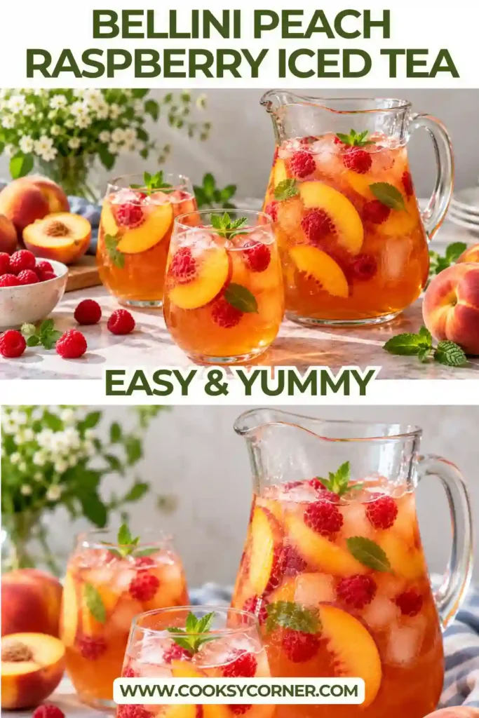 A chilled glass of peach raspberry iced tea made with black tea and homemade fruit syrup. Fresh peaches and raspberries give the drink a vibrant summer flavor.