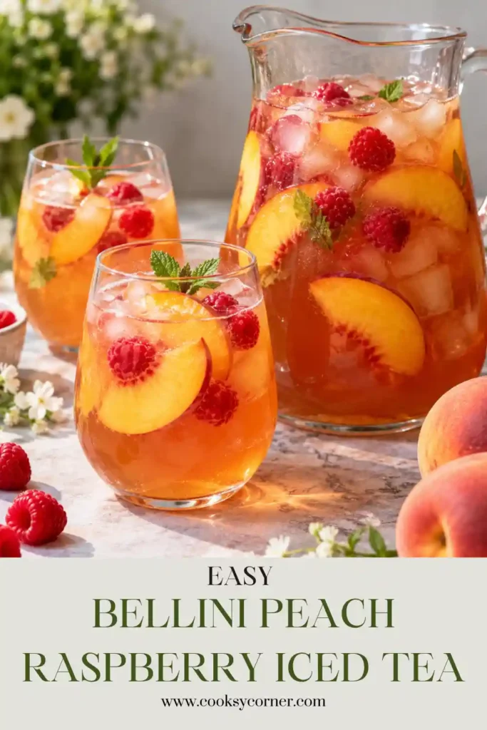 Bellini Peach Raspberry Iced Tea served cold over ice with fresh peaches and raspberries. This refreshing summer iced tea combines black tea with homemade peach raspberry syrup.