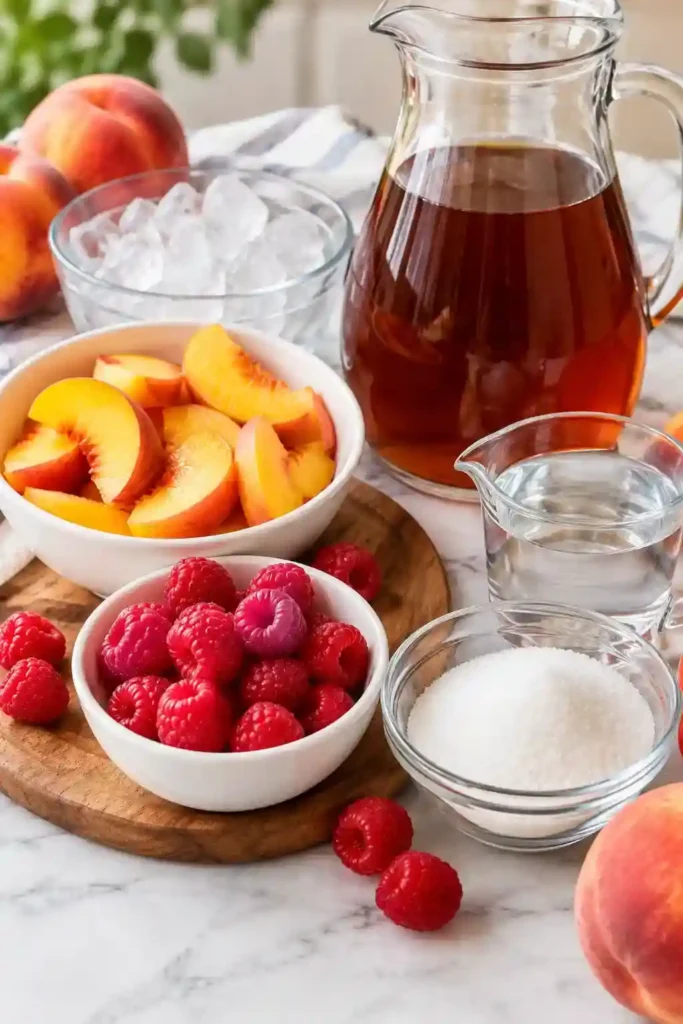Homemade raspberry iced tea flavored with sweet peaches and fresh raspberry syrup. The cold fruit tea is served over ice for an easy summer drink.