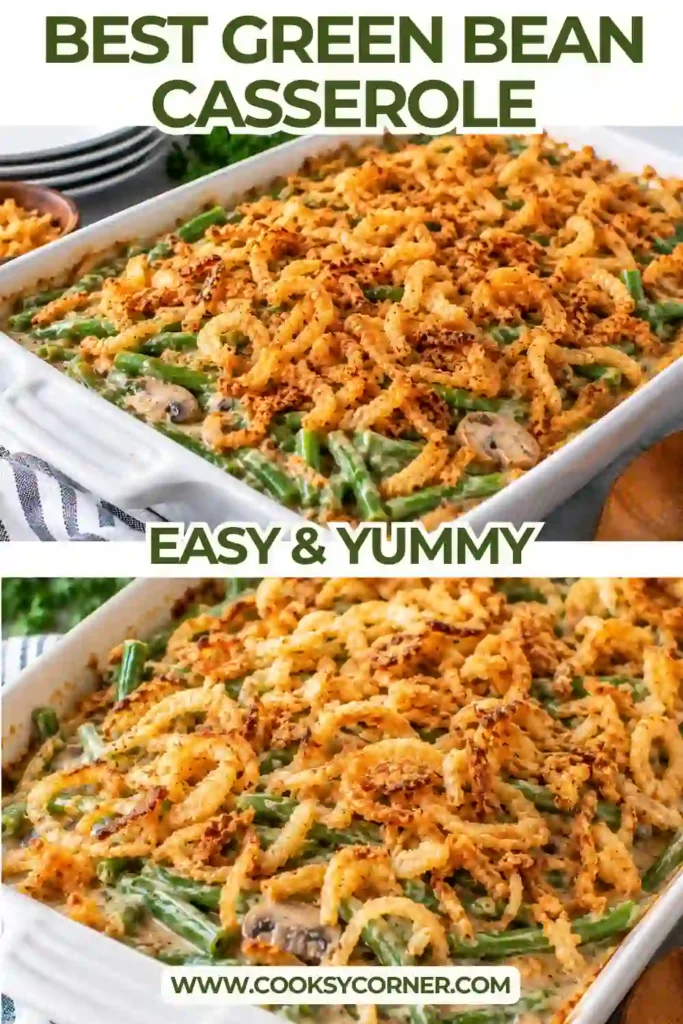 Easy green bean casserole with mushroom soup, shredded Cheddar, and crunchy French-fried onions. The baked casserole has a creamy center and crisp golden topping.