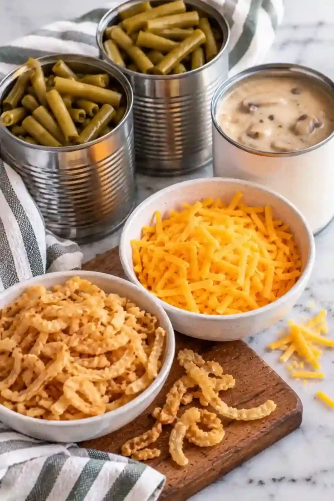 Cheesy green bean casserole baked until bubbling and topped generously with crisp fried onions. Tender green beans are coated in creamy mushroom soup beneath the golden cheese layer.