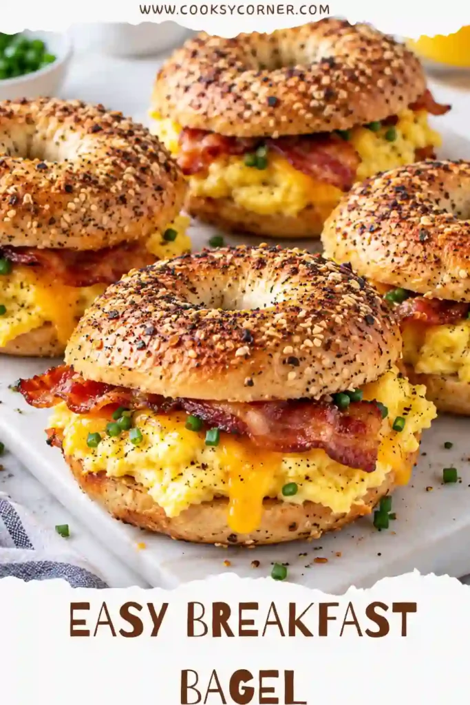 Toasted breakfast bagel sandwich layered with creamy avocado, egg, cheese, and colorful pickled onions. The sandwich is finished with a drizzle of spicy sauce.