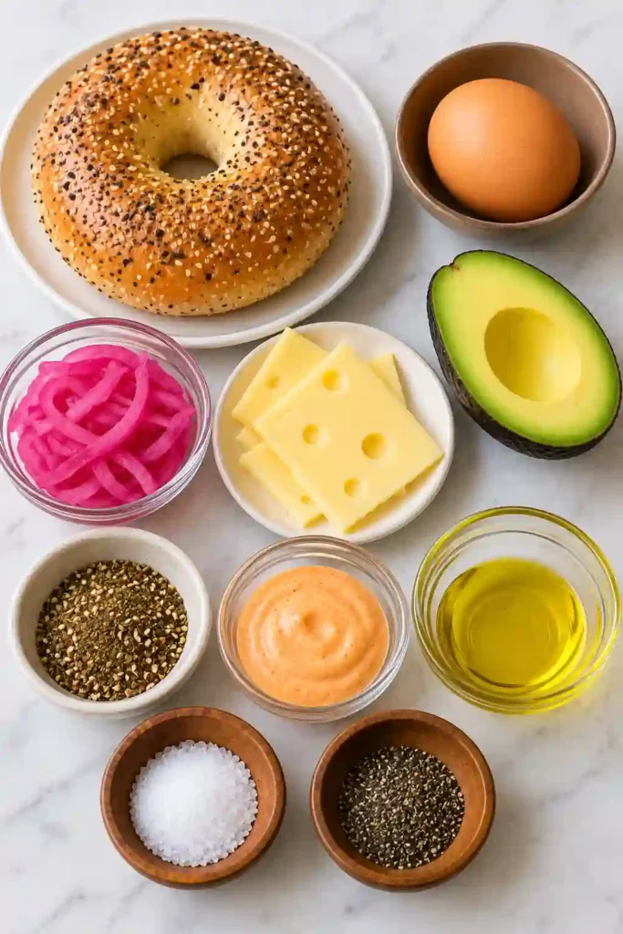 Easy Breakfast Bagel with golden toasted bread, avocado, fried egg, melted cheese, and pickled onions. Za'atar and spicy sauce add bold savory flavor.