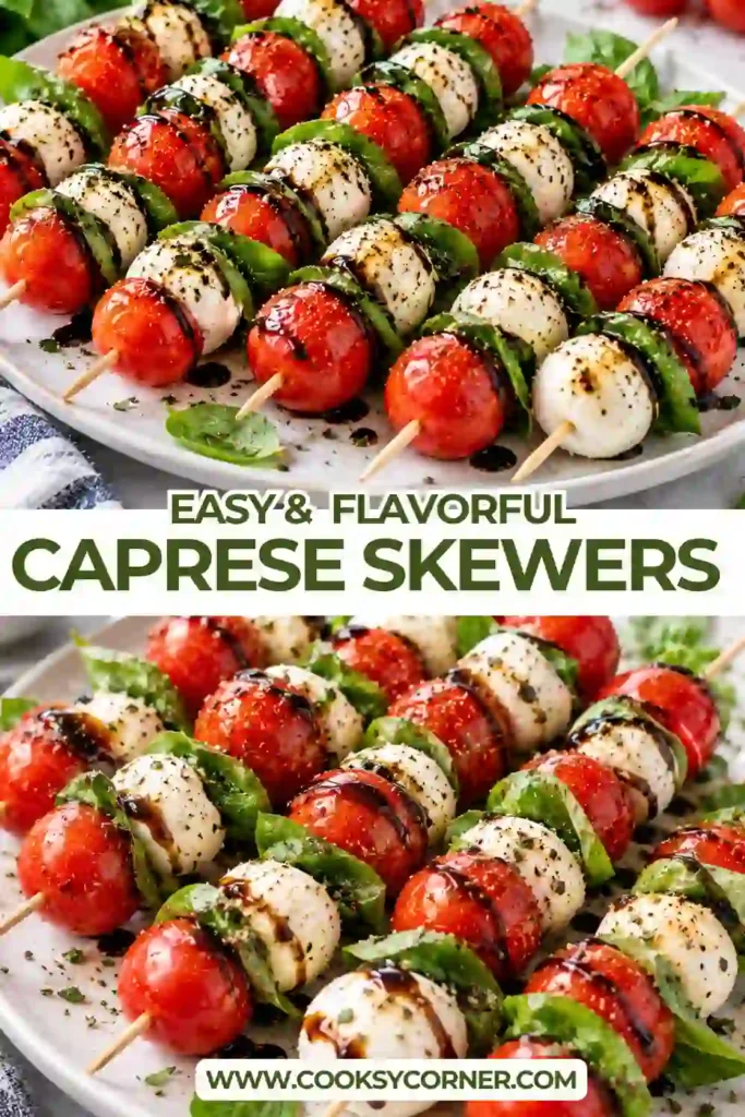 Colorful caprese skewers with cherry tomatoes, creamy mozzarella balls, and fresh green basil. These bite-sized party appetizers are drizzled with balsamic glaze before serving.