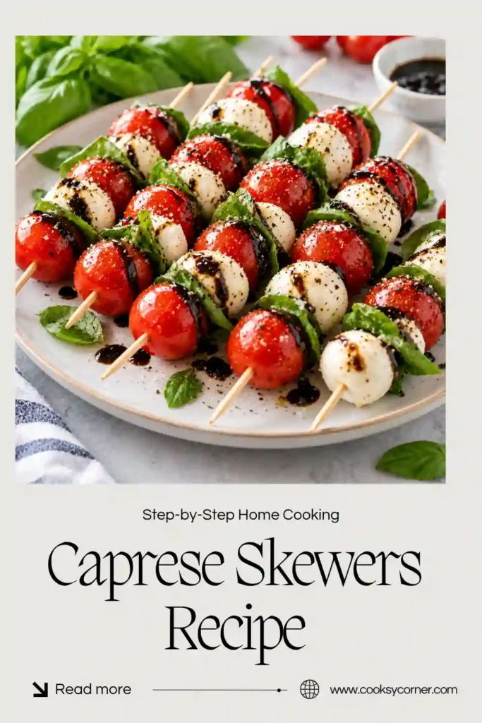 Caprese Skewers Recipe made with juicy cherry tomatoes, fresh mozzarella pearls, and basil leaves. The skewers are finished with olive oil and a drizzle of balsamic glaze.