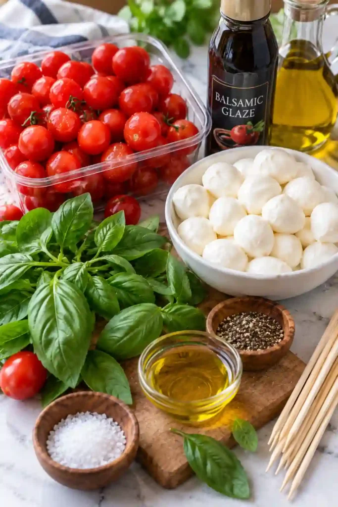 Mozzarella basil skewers with ripe cherry tomatoes served as a fresh no-cook appetizer. Olive oil, balsamic glaze, sea salt, and black pepper finish the caprese bites.