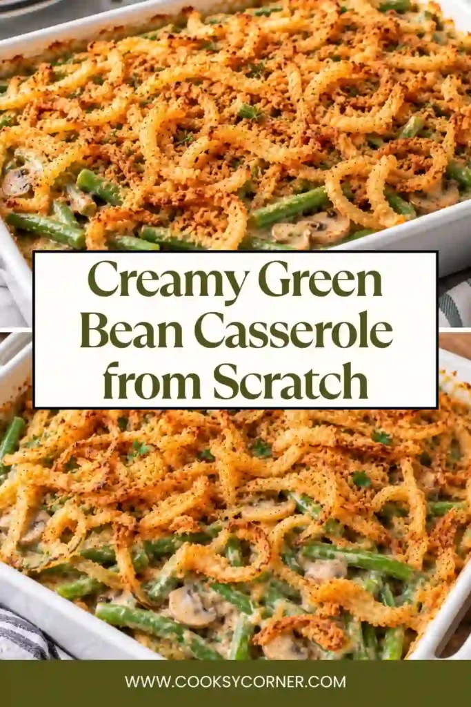 Fresh green bean casserole with savory mushroom gravy and crispy homemade onions. The creamy casserole is baked until bubbling with a golden crunchy topping.