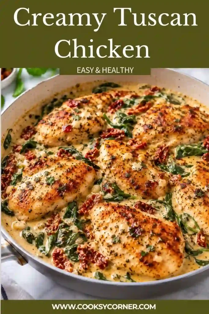 Easy Tuscan chicken skillet featuring seared chicken breasts surrounded by spinach and tomatoes in creamy Parmesan sauce. The dish is rich, colorful, and ready for a family dinner.
