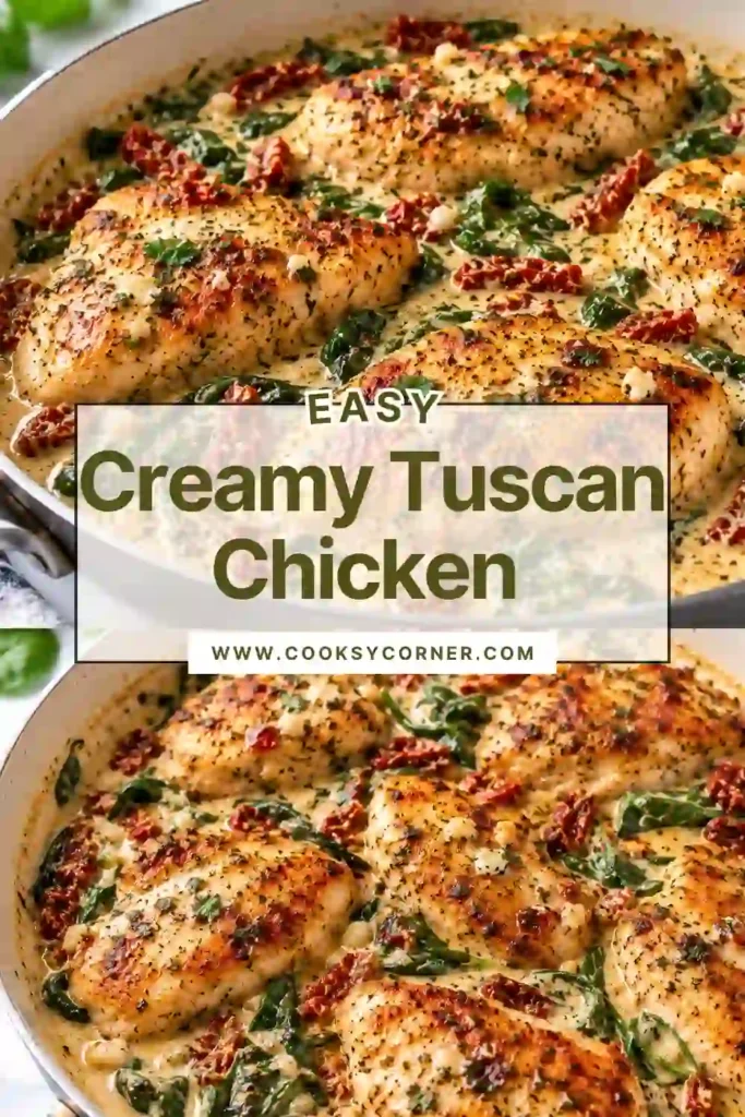 Juicy Creamy Tuscan Chicken served in a skillet with wilted spinach and tender cherry tomatoes. A velvety garlic Parmesan sauce coats the golden chicken breasts.