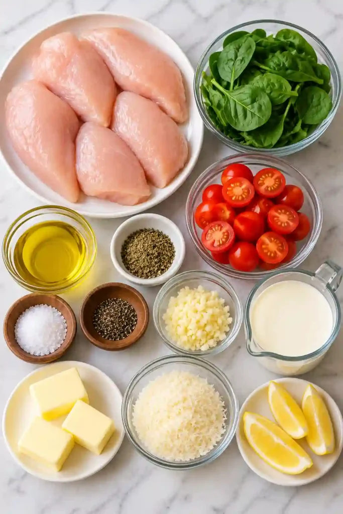 vEasy Tuscan chicken skillet featuring seared chicken breasts surrounded by spinach and tomatoes in creamy Parmesan sauce. The dish is rich, colorful, and ready for a family dinner.