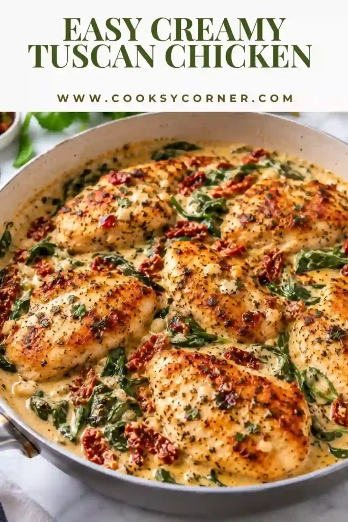 Creamy Tuscan Chicken with golden chicken breasts, cherry tomatoes, and spinach in a rich garlic Parmesan cream sauce. The one-pan chicken dinner is finished with fresh herbs and lemon.