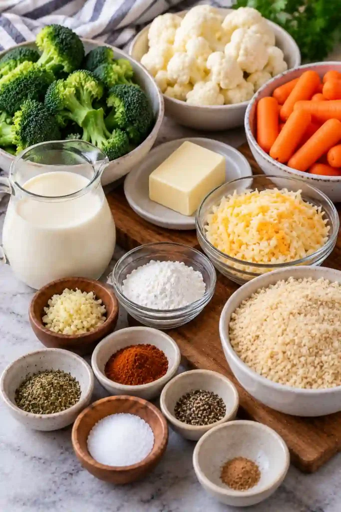 Broccoli cauliflower casserole baked in a creamy garlic cheese sauce with carrots and a golden breadcrumb topping. This colorful vegetable side dish is served warm from the oven.