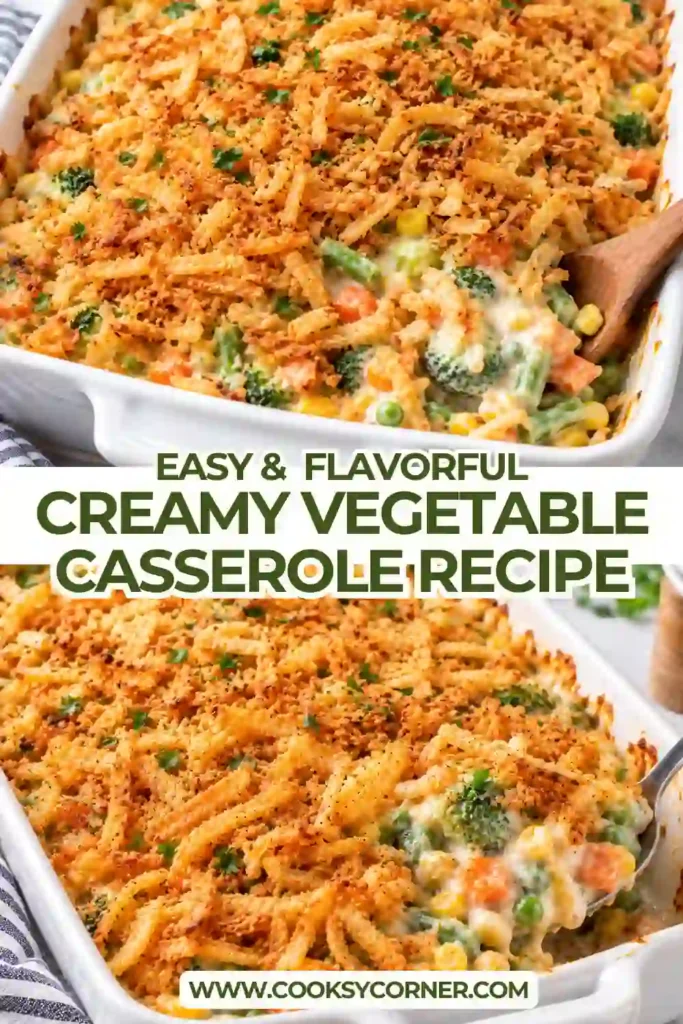 Cheesy vegetable casserole filled with tender broccoli florets, cauliflower, and baby carrots. The mixed vegetable casserole is topped with crisp golden panko breadcrumbs.