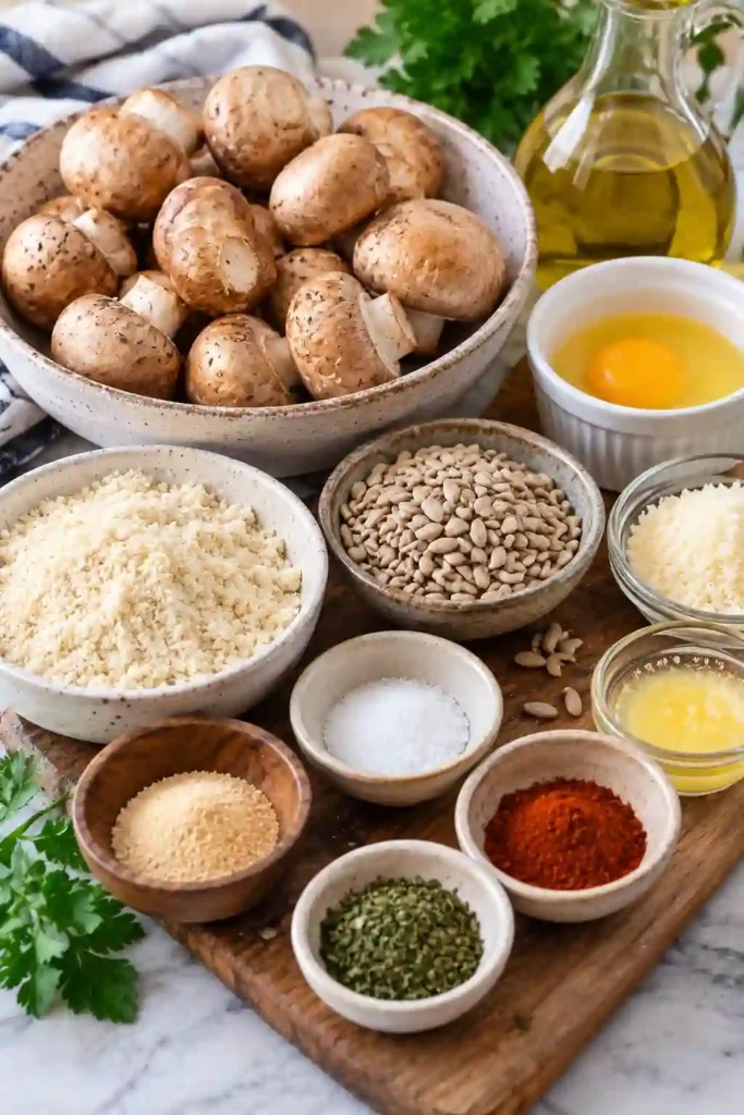 Homemade breaded mushrooms with a crisp garlic and paprika coating fresh from the oven. Almond flour and sunflower seeds create a golden exterior around tender mushrooms.