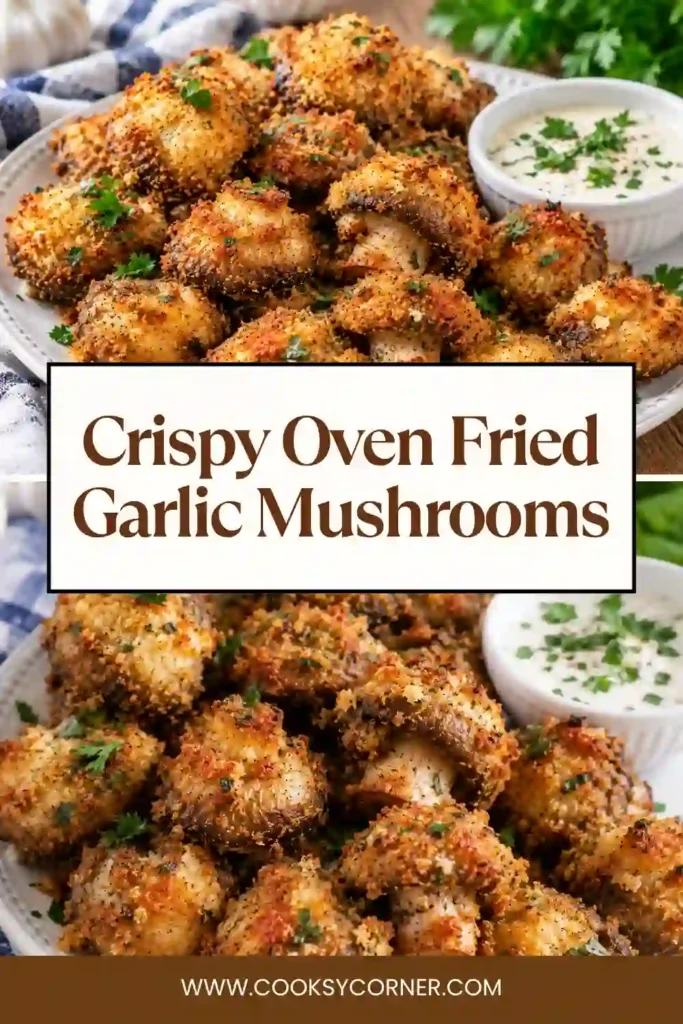 Golden crispy baked mushrooms served warm with a seasoned garlic coating. These oven fried mushrooms use almond flour and ground sunflower seeds instead of traditional breadcrumbs.