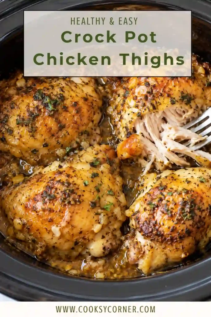Juicy bone in chicken thighs slow-cooked in a sweet and savory honey garlic sauce. The finished chicken is garnished with chopped parsley and served warm.