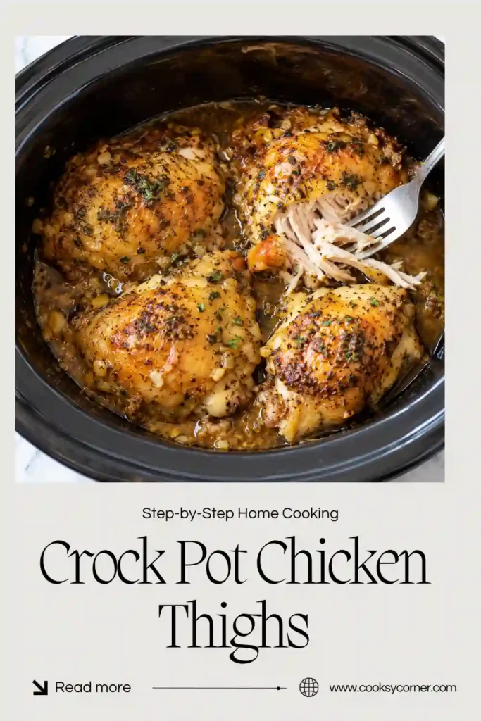 Honey garlic chicken thighs served with thick, glossy sauce from the slow cooker. These tender chicken thighs are an easy option for a comforting weeknight meal.