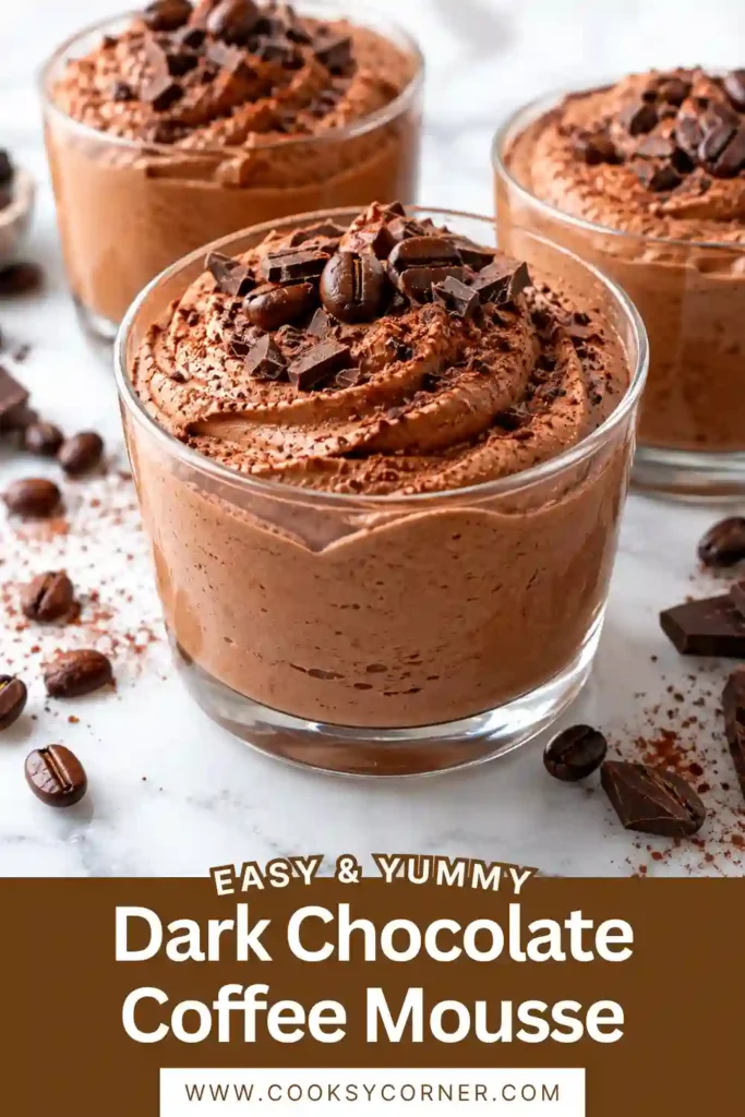 Creamy Dark Chocolate Coffee Mousse with a soft whipped texture and rich espresso flavor. Cocoa powder and finely grated dark chocolate garnish the simple no bake dessert.