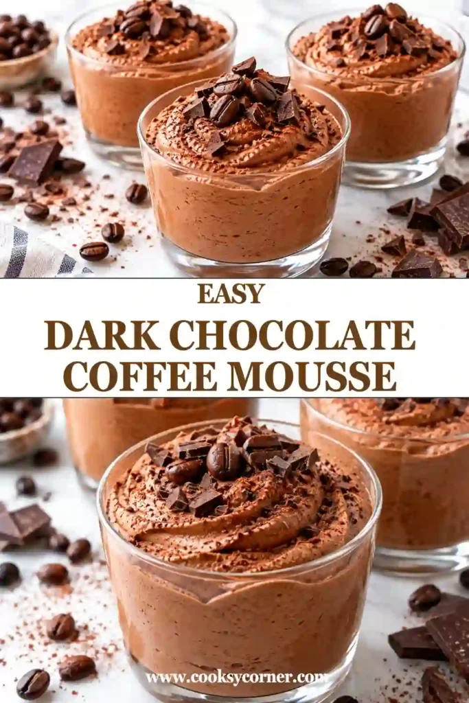 Dark Chocolate Coffee Mousse served in small dessert glasses with a light dusting of cocoa powder and dark chocolate shavings. The mousse has a silky, airy texture and deep chocolate color.