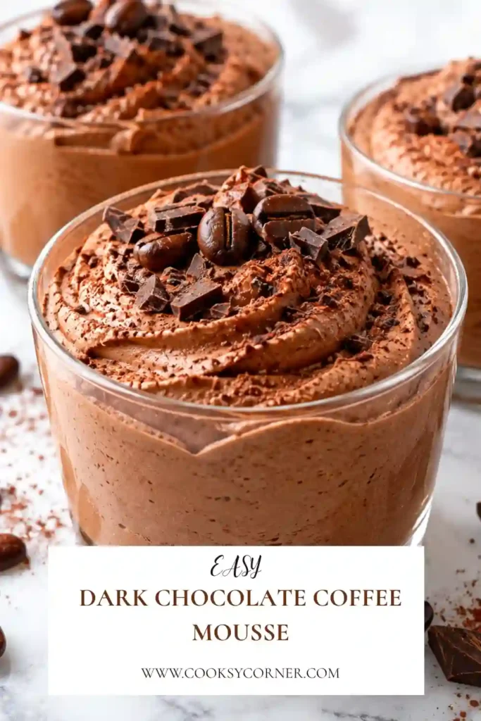 Three ingredient chocolate mousse made with dark chocolate, espresso, and water. The rich coffee chocolate mousse is served in elegant glasses with chocolate curls on top.